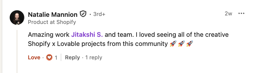 Natalie Mannion (Shopify) testimonial on LinkedIn