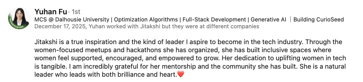 Yuhan Fu testimonial on LinkedIn
