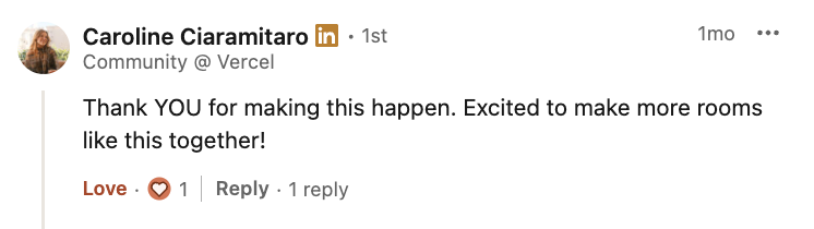 Caroline (Vercel) testimonial on LinkedIn