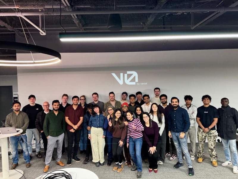 Group photo from the v0 build night with Vercel